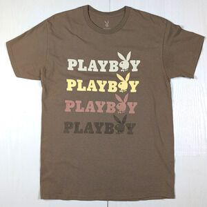 Playboy Men’s M Brown Graphic T-Shirt – Multicolor Logo Print Casual Cotton Tee